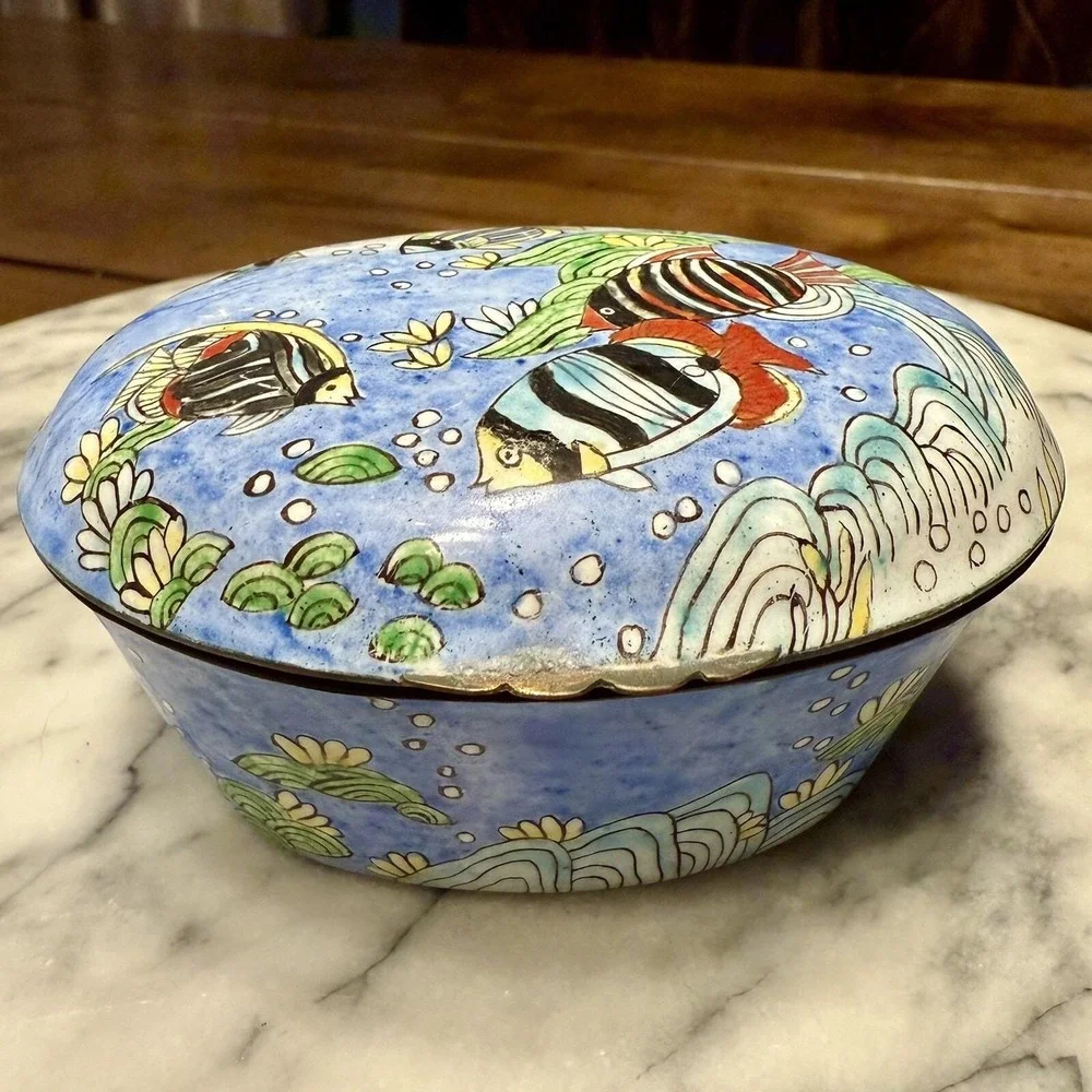 Hand Painted Enamel Metal Brass Fish Aquatic Trinket Box Hinged Lid Ocean Sea